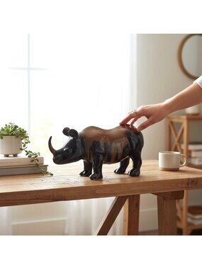 Ceramic Rhino Figurine With Glossy Brown & Black Drip Glaze